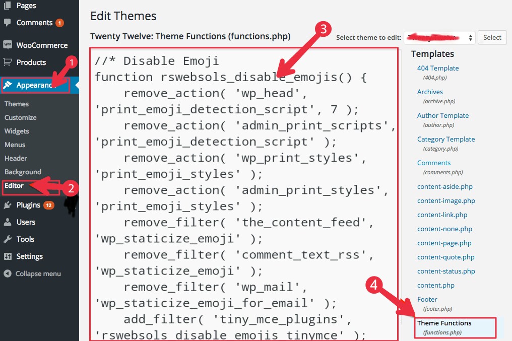 Wordpress Appearance->Editor Functions php